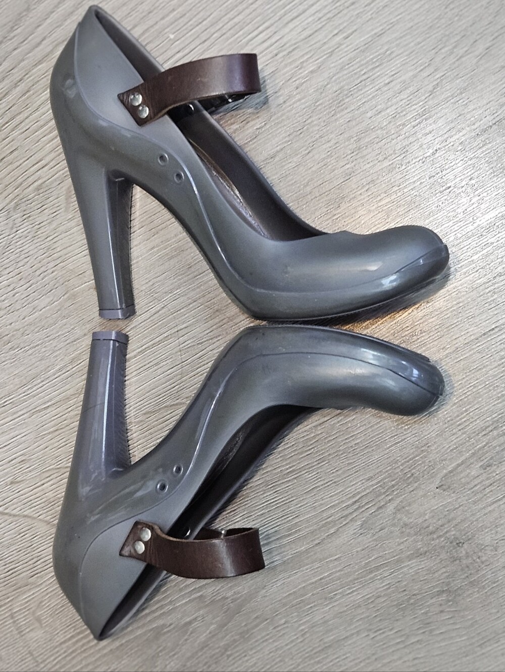 Marni Gray Patent Mary Jane Pump with Brown Strap
